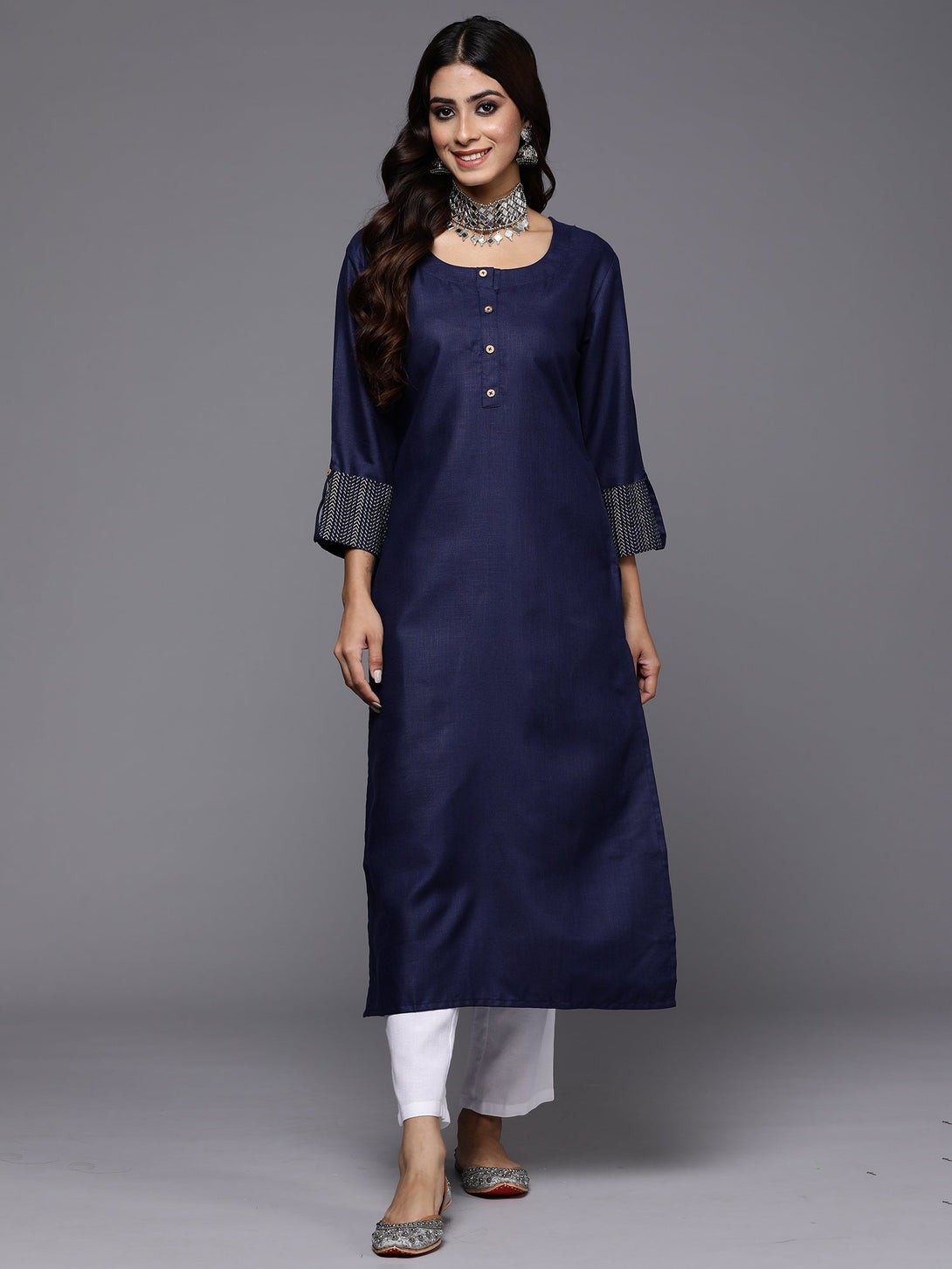 Women's Navy Blue Smart Casual Straight Kurta - Indo Era