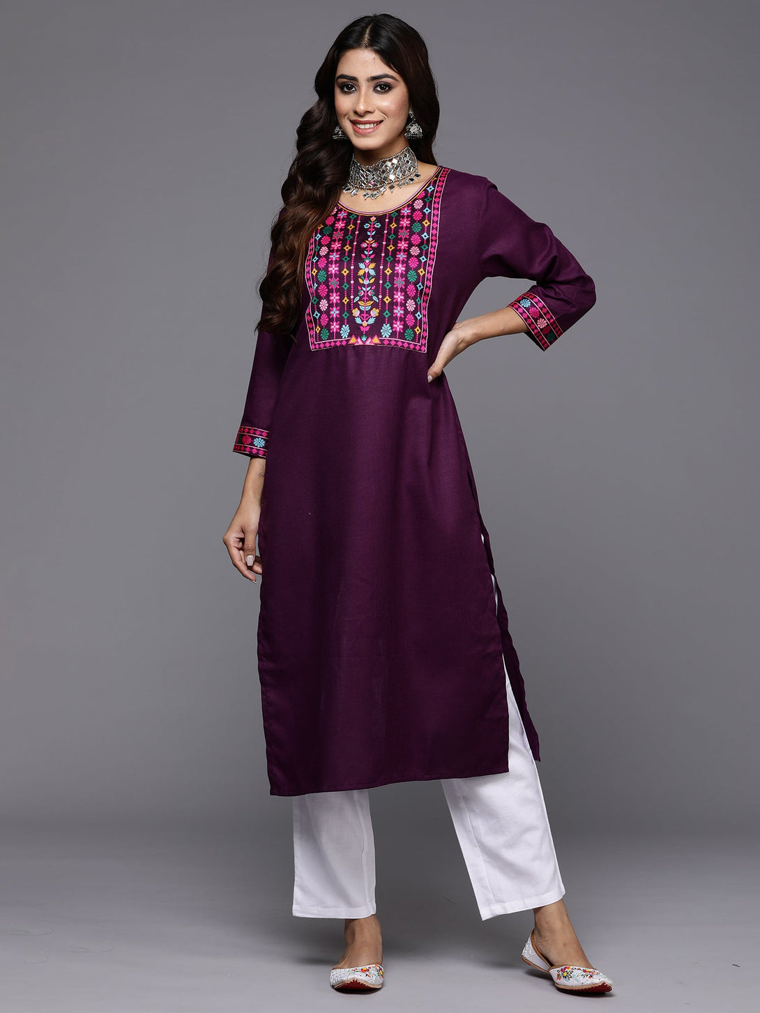 Women's Purple Yoke Design Straight Casual Kurtas  - Indo Era