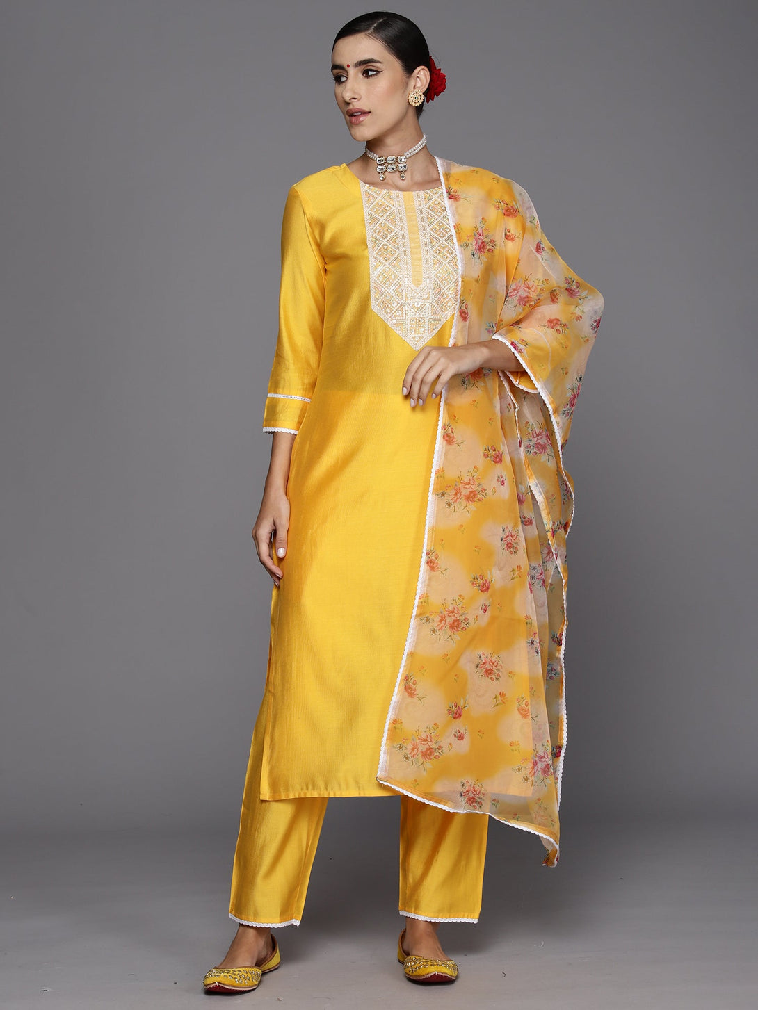 Women's Yellow Embroidered Straight Kurta Trousers With Dupatta Set - Indo Era