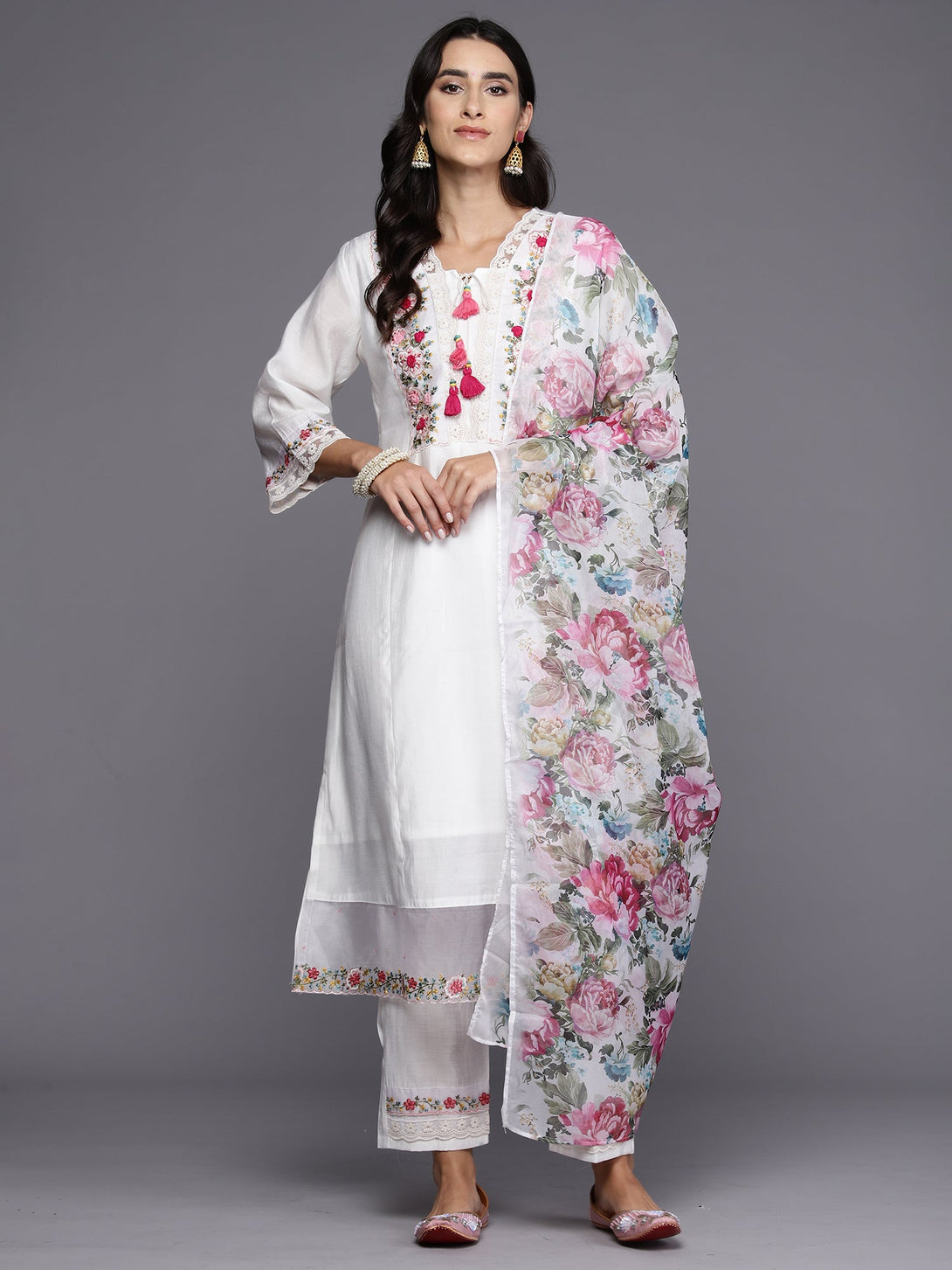 Women's White Embroidered A-Line Kurta Trousers With Dupatta Set - Indo Era