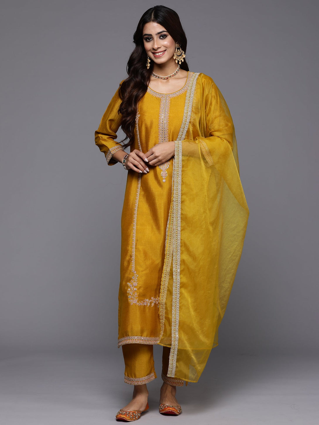 Women's Yellow Embroidered Straight Kurta Trousers With Dupatta Set - Indo Era