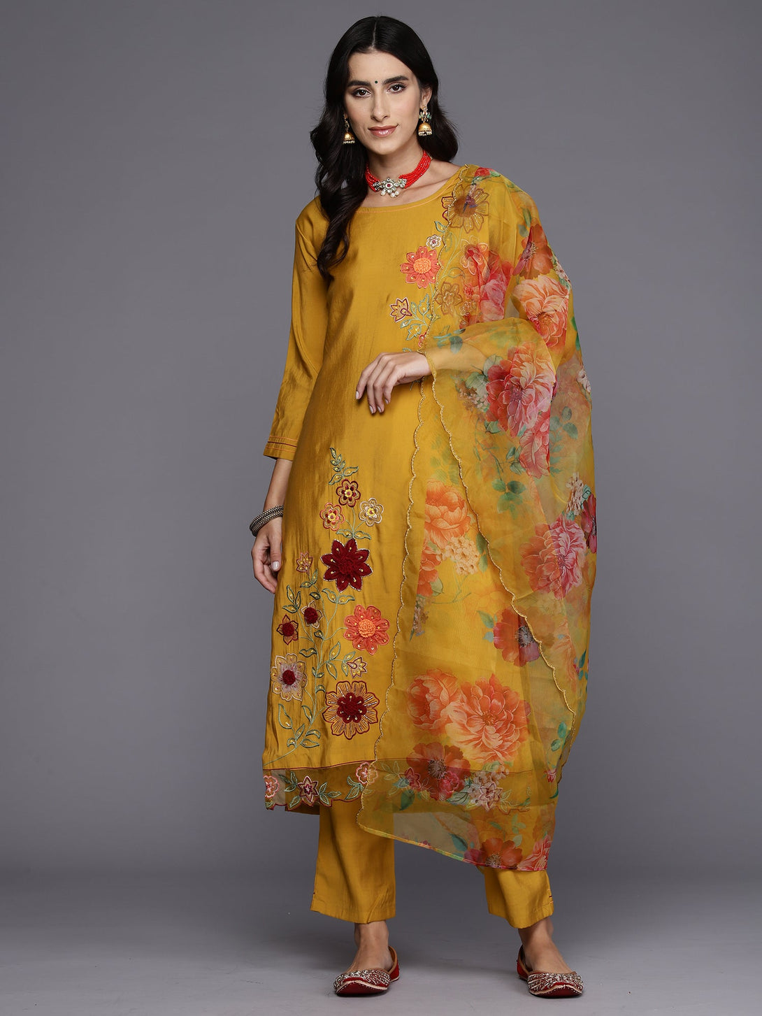 Women's Yellow Embroidered Straight Kurta Trousers With Dupatta Set - Indo Era