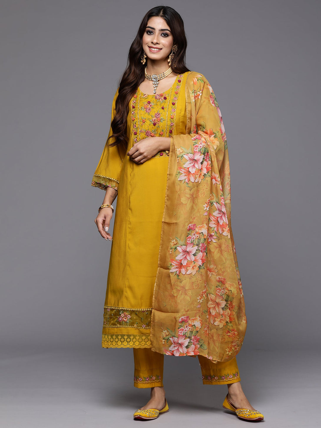 Women's Yellow Embroidered A-Line Kurta Trousers With Dupatta Set - Indo Era