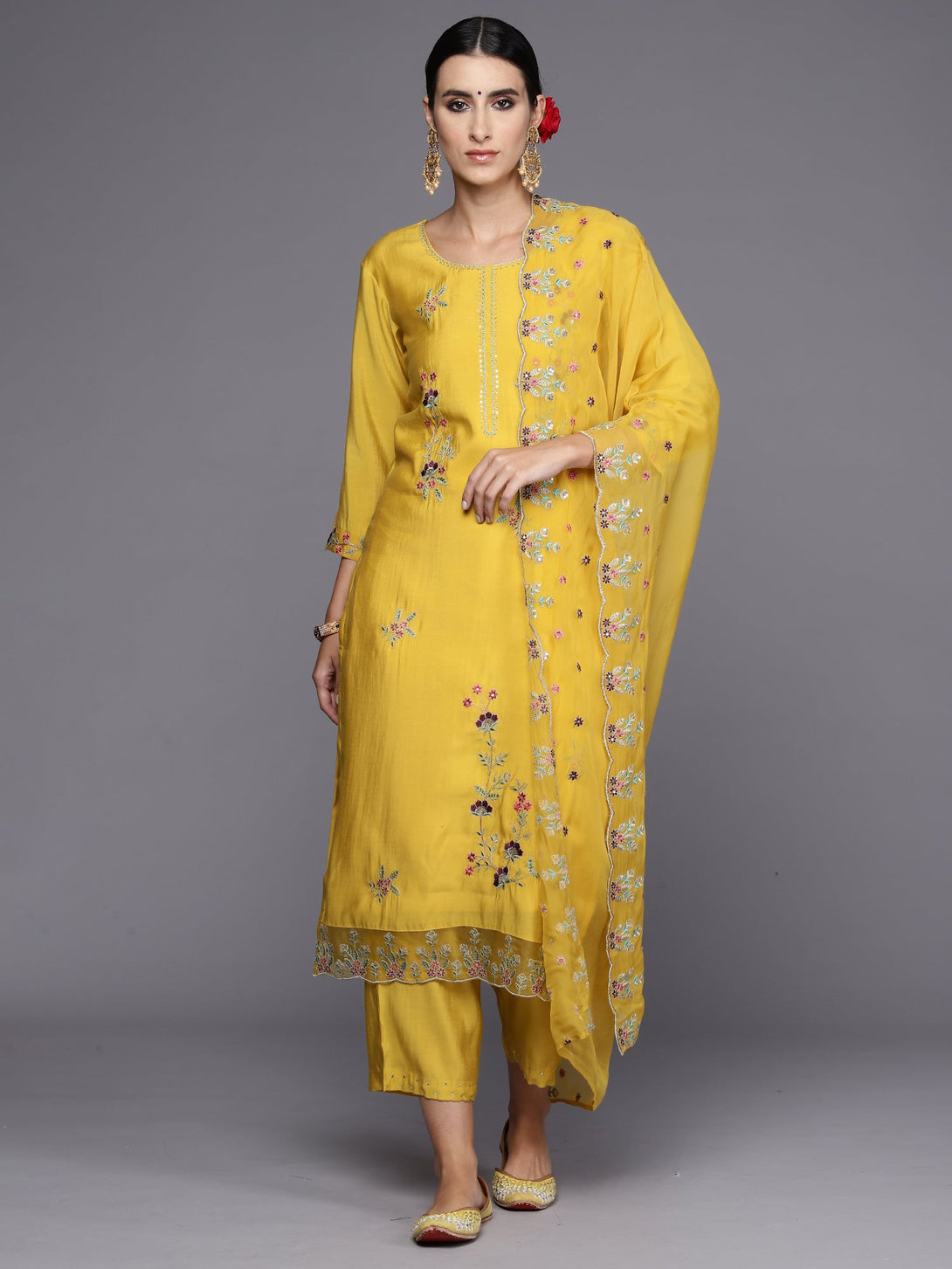 Women's Yellow Embroidered Straight Kurta Trousers With Dupatta Set - Indo Era