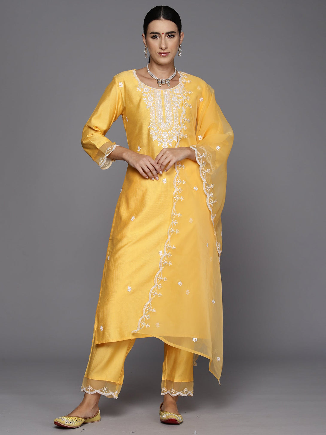 Women's Yellow Embroidered Straight Kurta Trousers With Dupatta Set - Indo Era