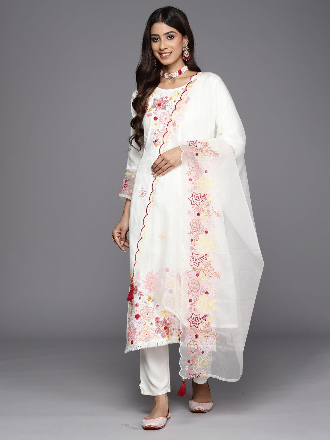 Women's White Embroidered Straight Kurta Trousers With Dupatta Set - Indo Era