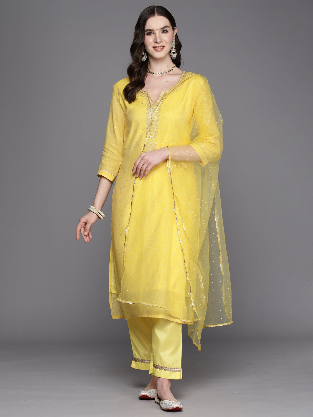 Women's Yellow Embroidered Straight Kurta Trousers With Dupatta Set - Indo Era