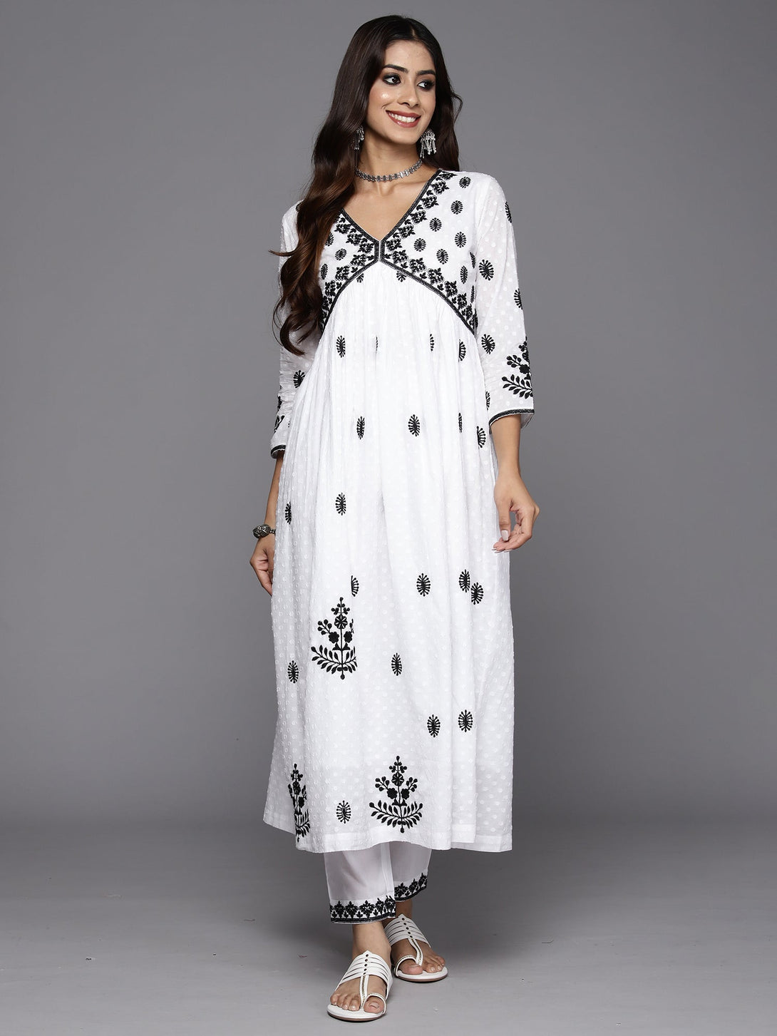 Women's White Embroidered Straight Kurta Trousers  Set - Indo Era