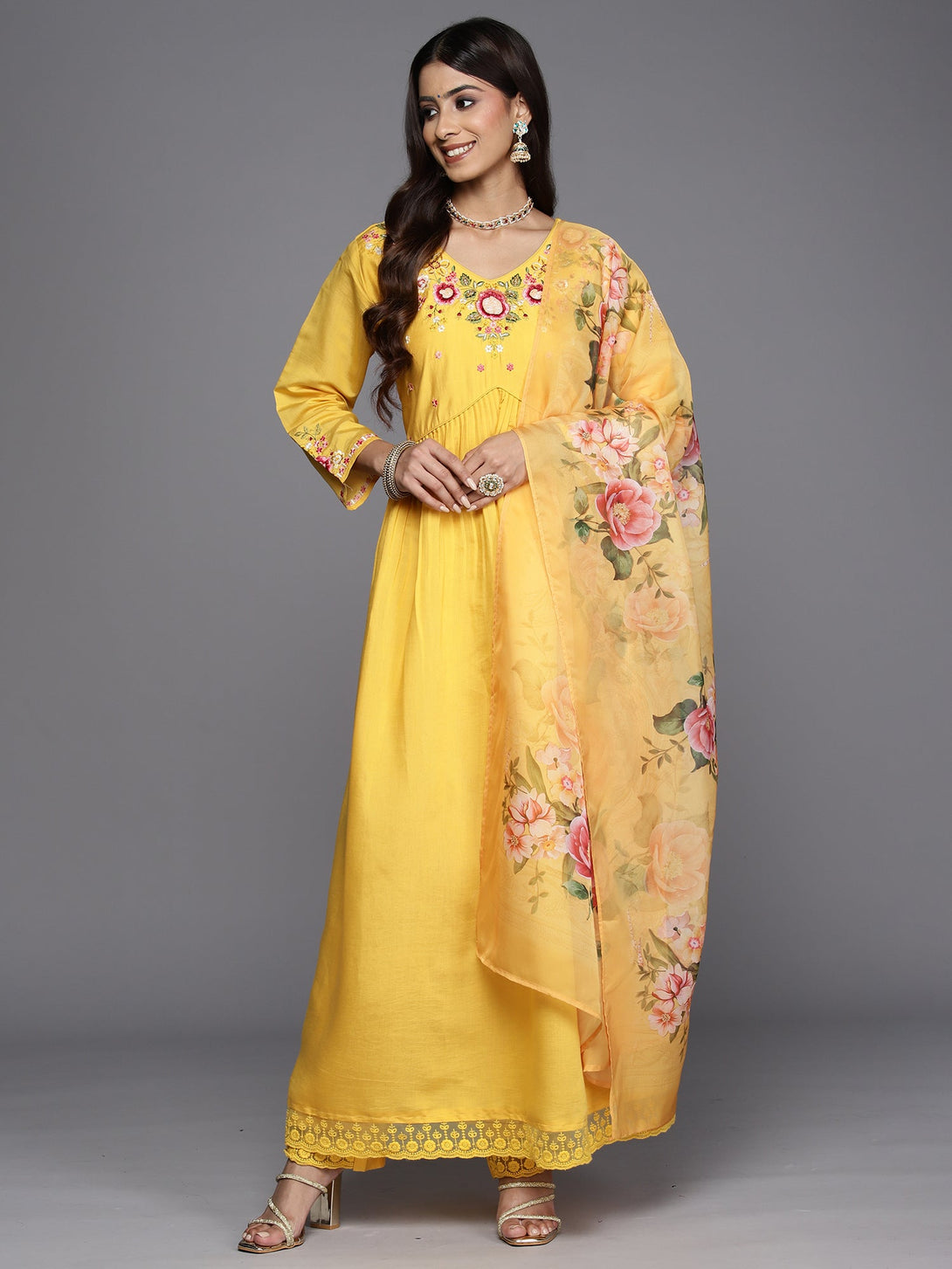 Women's Yellow Embroidered A-Line Kurta Trousers With Dupatta Set - Indo Era