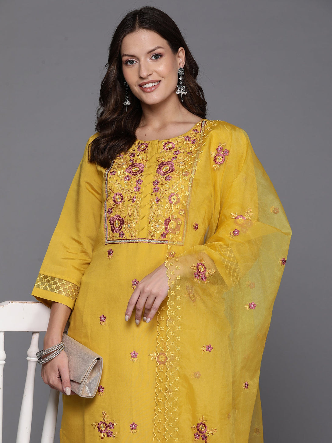 Women's Yellow Embroidered Straight Kurta Trousers With Dupatta Set - Indo Era