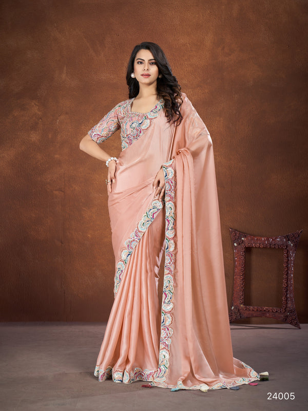 Peach Crepe Satin Silk Embroidered Saree with stitched Blouse