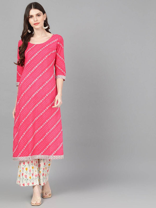 Women's  Magenta & Off-White Printed Kurta with Palazzos - AKS