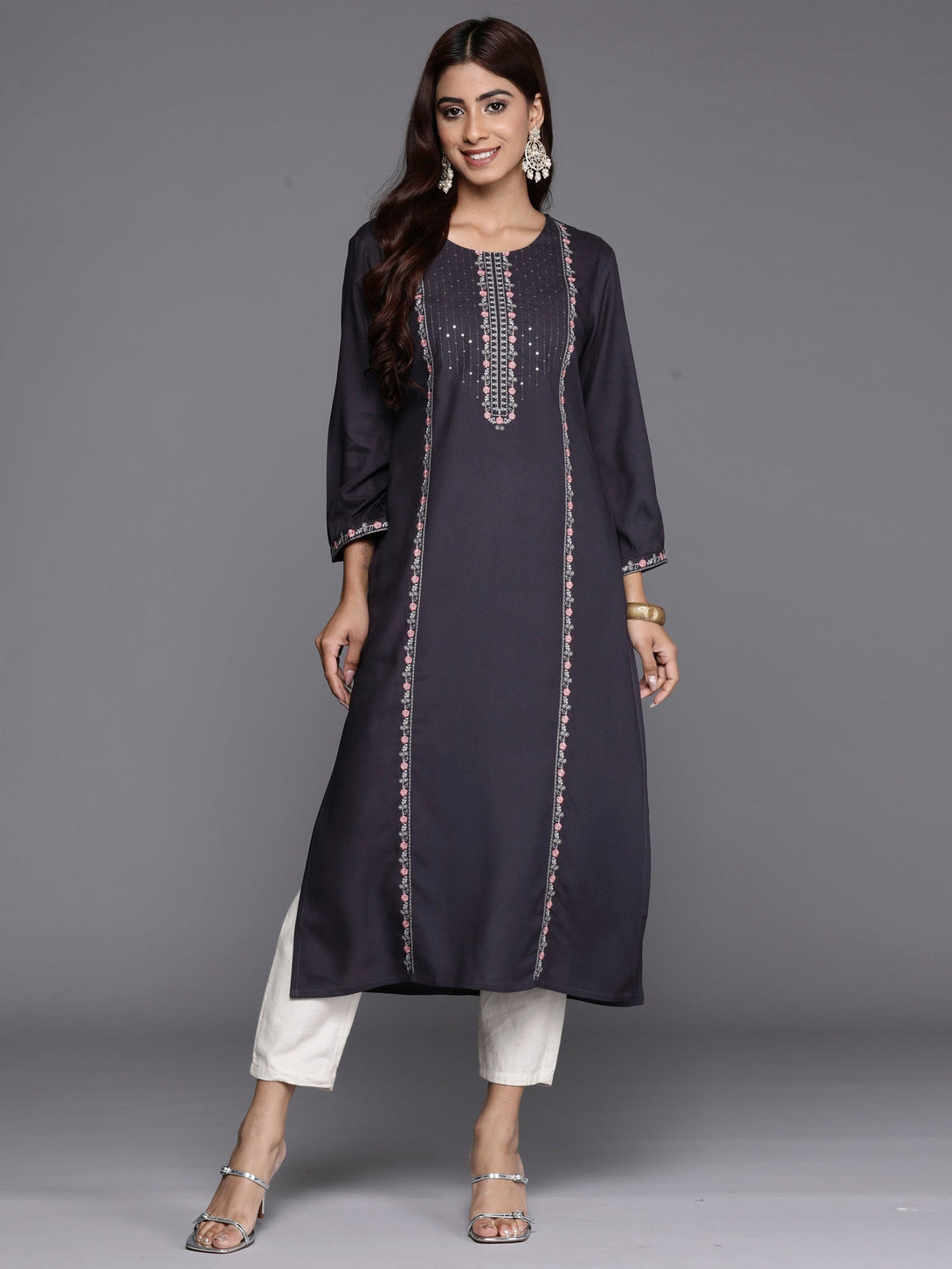 Women's Grey Embroidered Straight Kurtas  - Indo Era