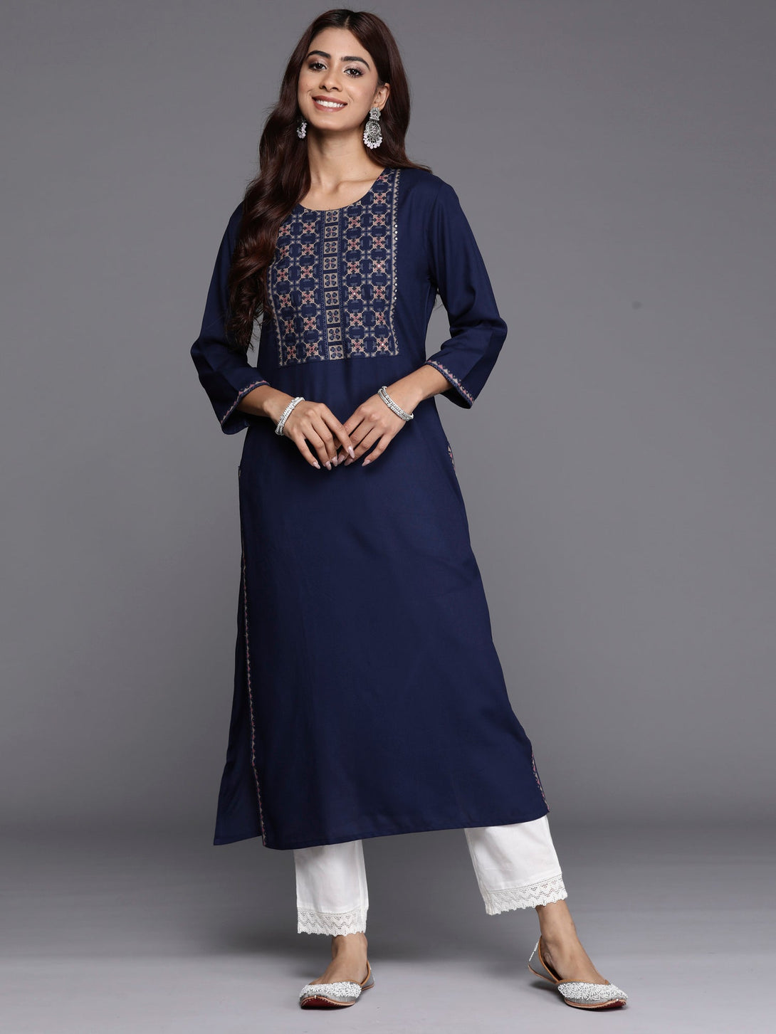 Women's Navy Blue Embroidered Straight Kurtas  - Indo Era