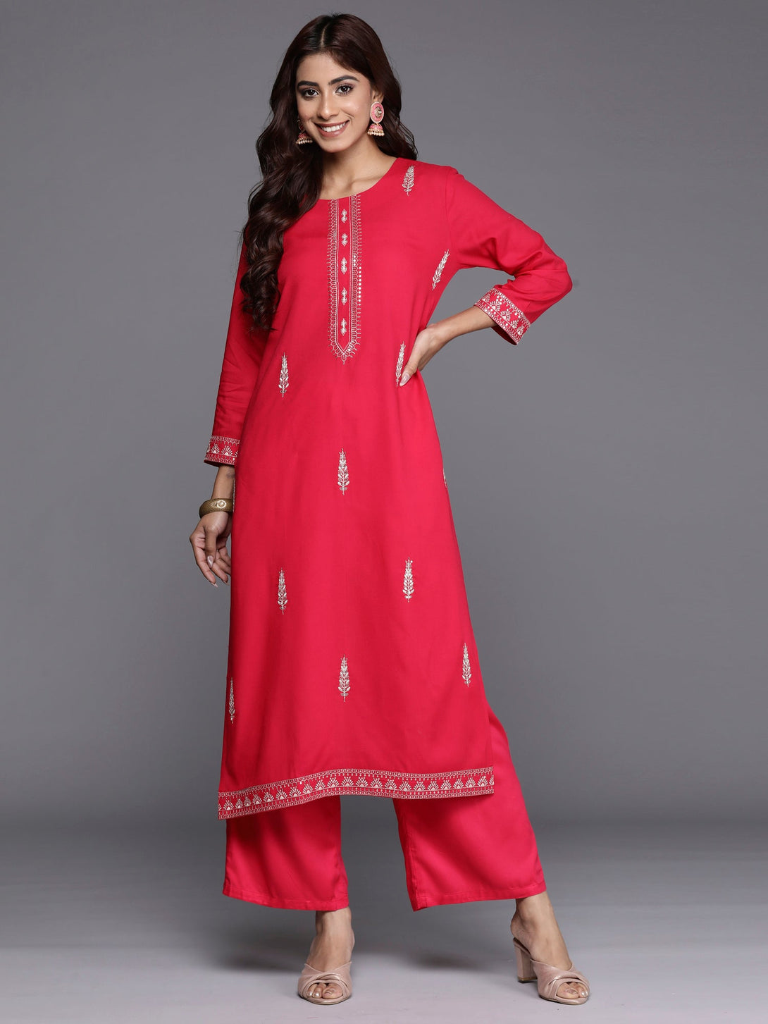 Women's Magenta Embroidered Straight Kurtas  - Indo Era