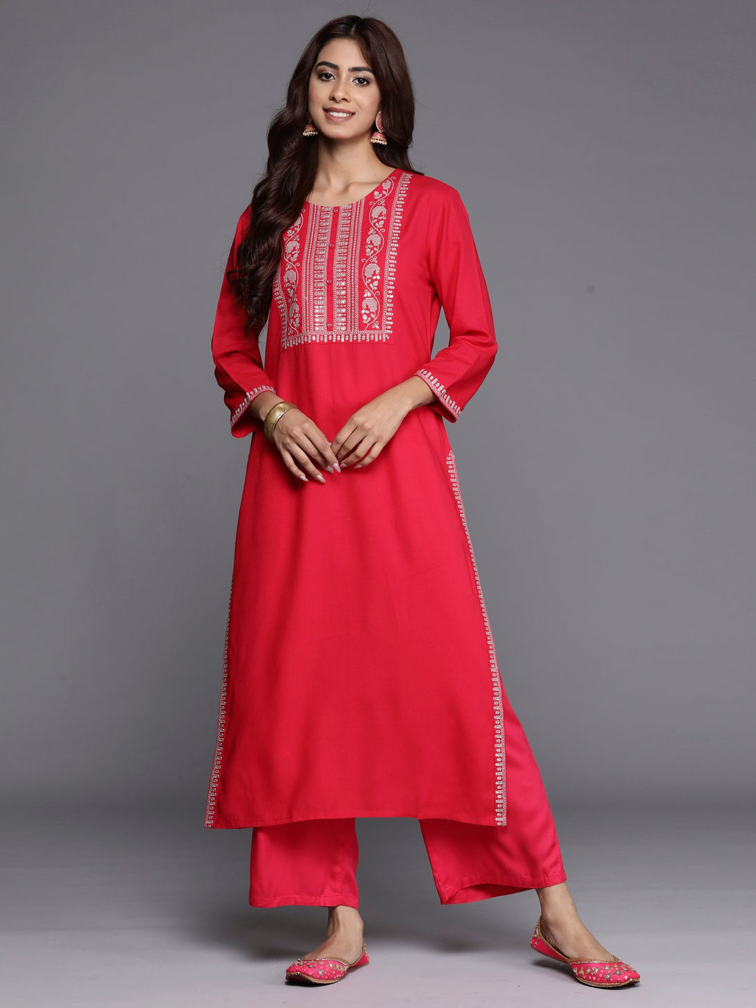 Women's Magenta Embroidered Straight Kurtas  - Indo Era