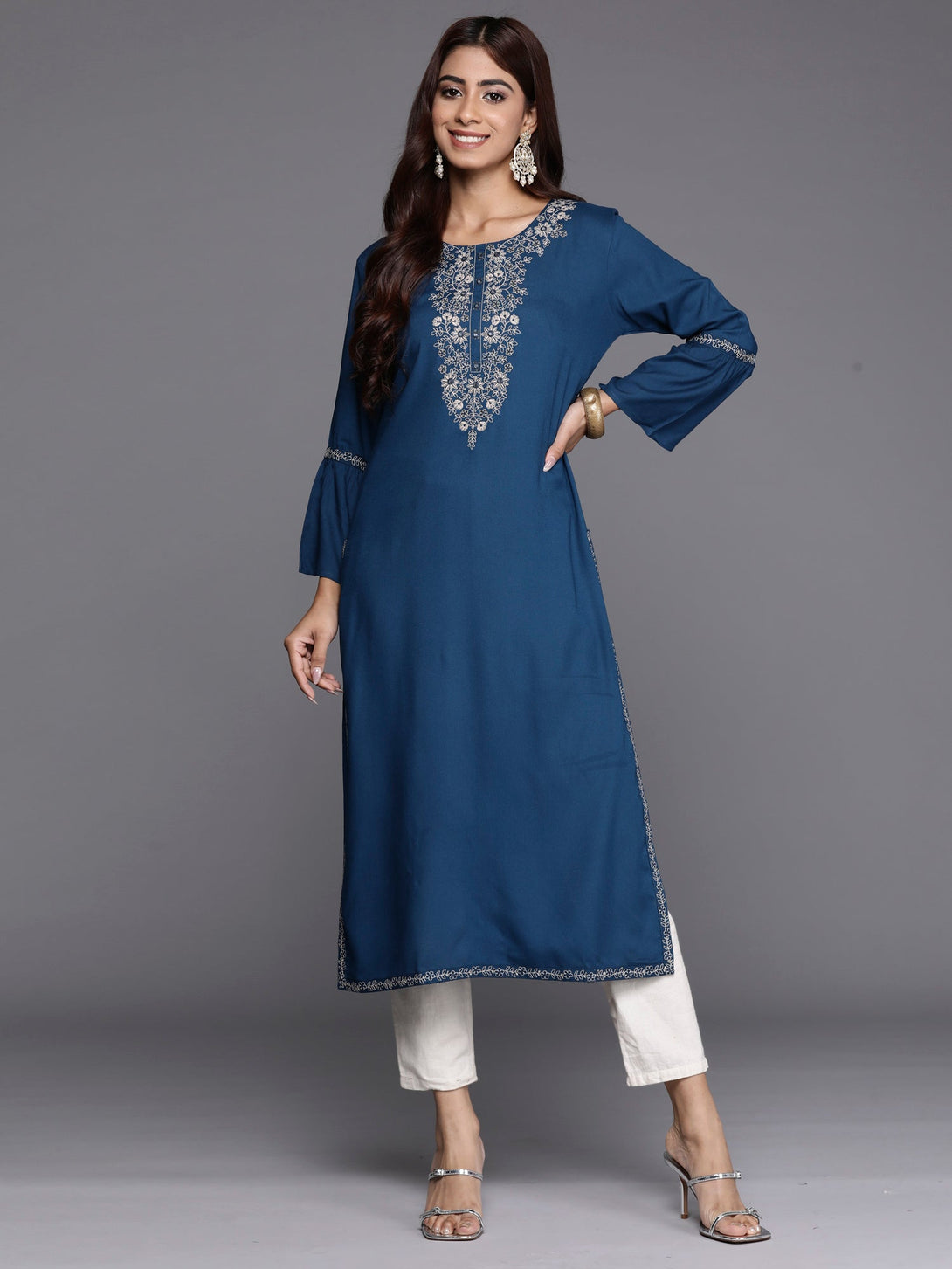 Women's Teal Embroidered Straight Kurtas  - Indo Era