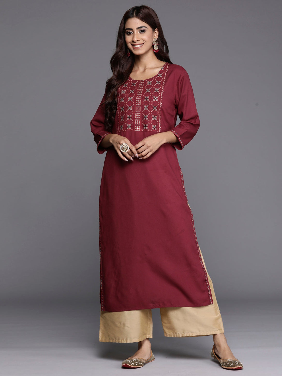 Women's Burgundy Embroidered Straight Kurtas  - Indo Era