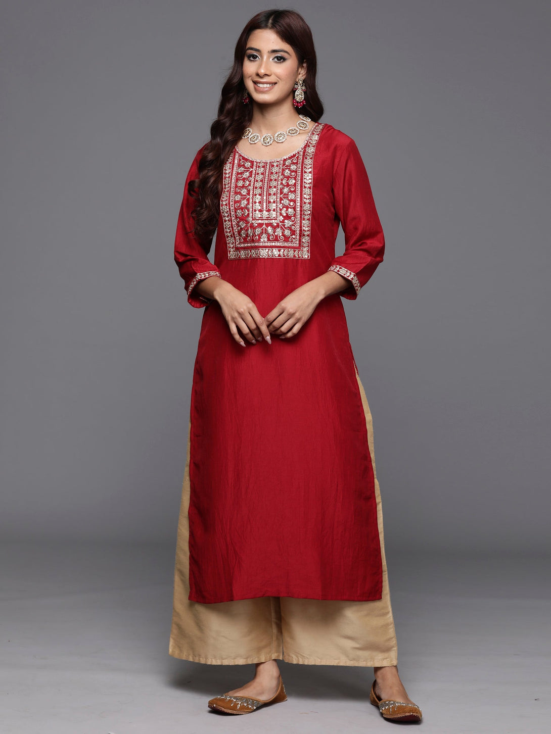 Women's Maroon Embroidered Straight Kurtas  - Indo Era