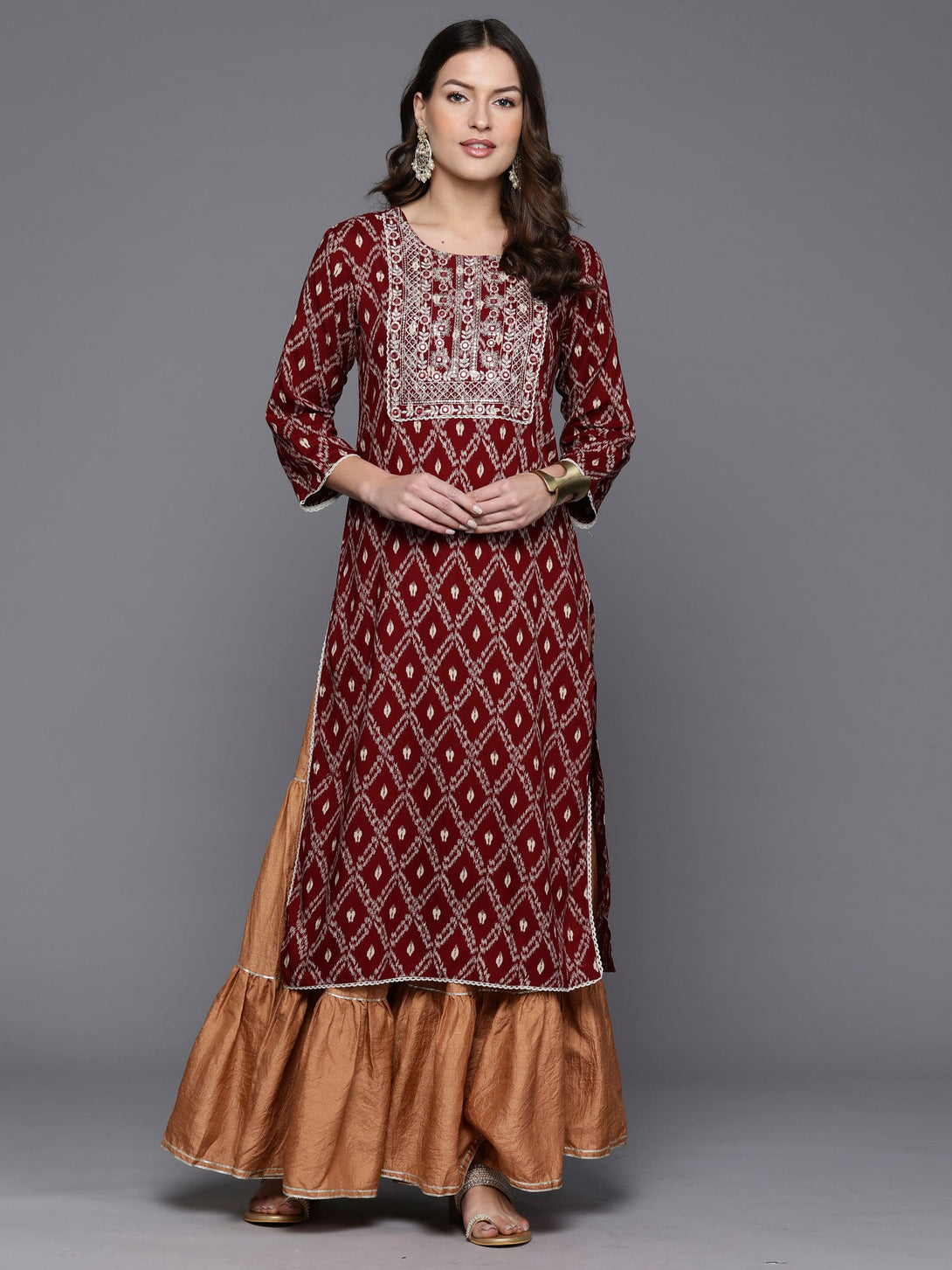 Women's Maroon Printed Straight Kurtas  - Indo Era