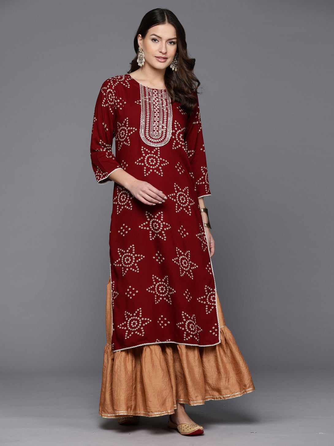 Women's Maroon Printed Straight Kurtas  - Indo Era