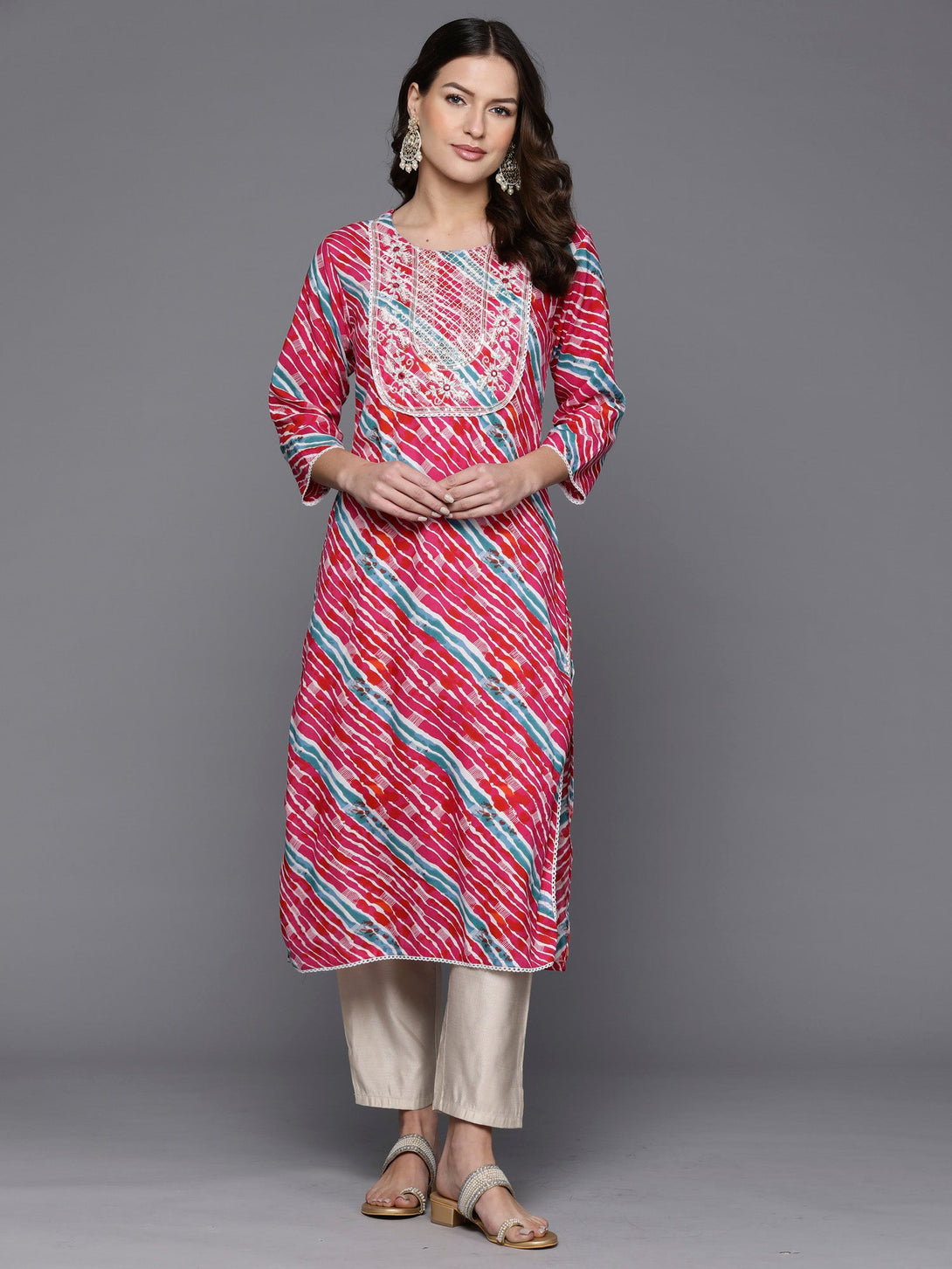 Women's Pink Printed Straight Kurtas  - Indo Era