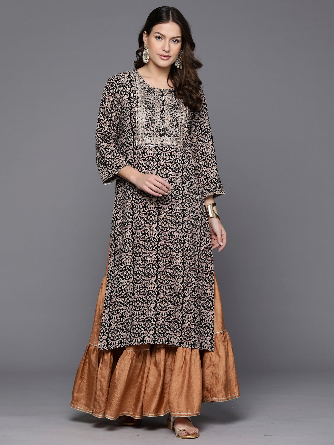 Women's Black Printed Straight Kurtas  - Indo Era