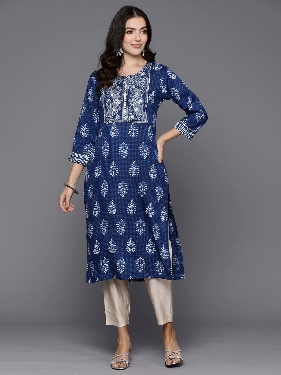 Women's Blue Printed Straight Kurtas  - Indo Era