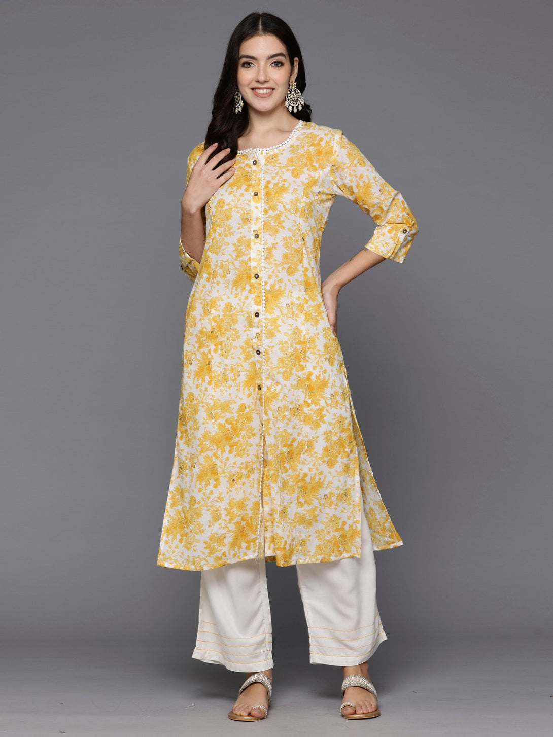 Women's Yellow Printed A-Line Kurtas - Indo Era