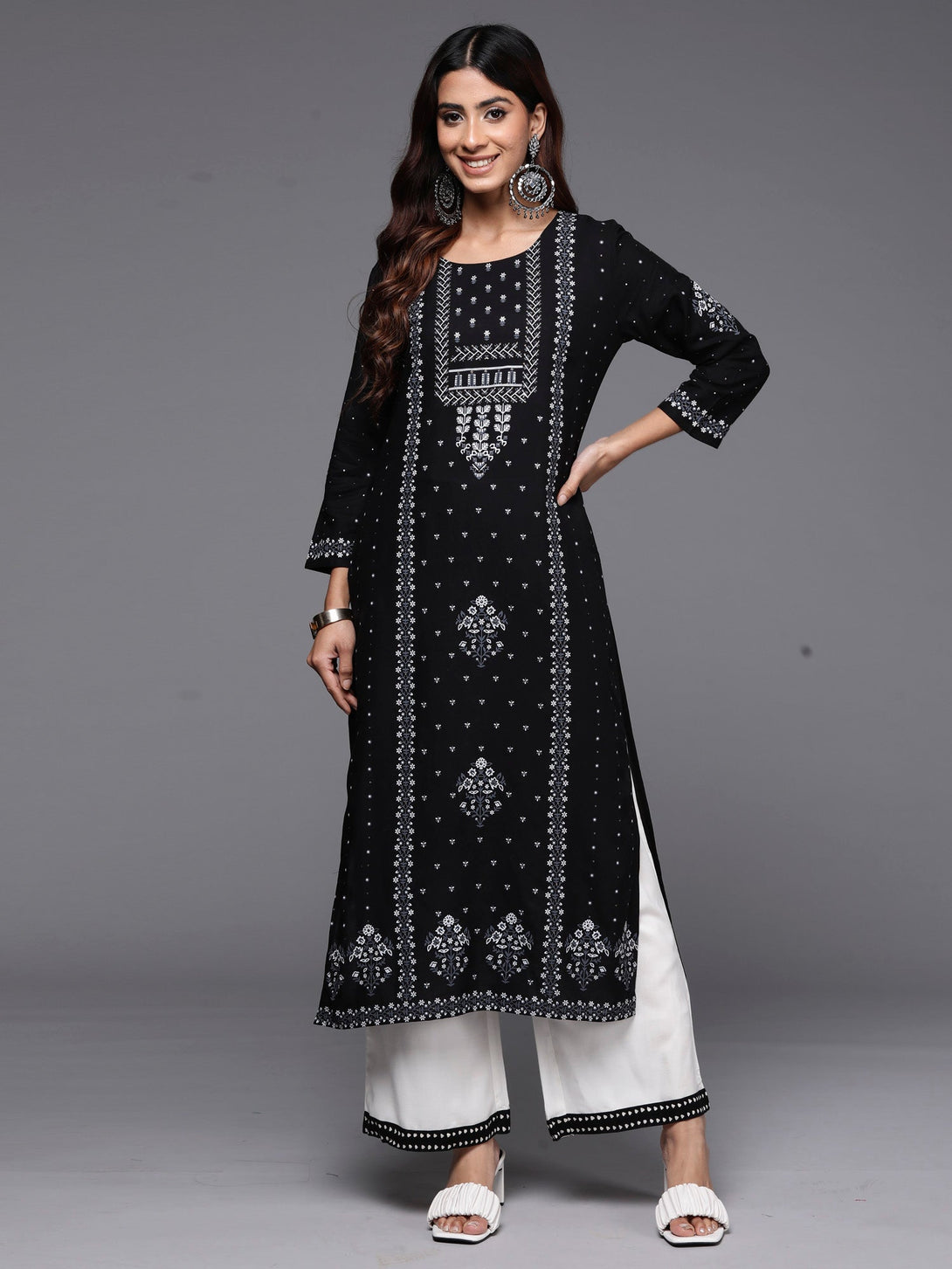 Women's Black Printed Straight Kurtas  - Indo Era