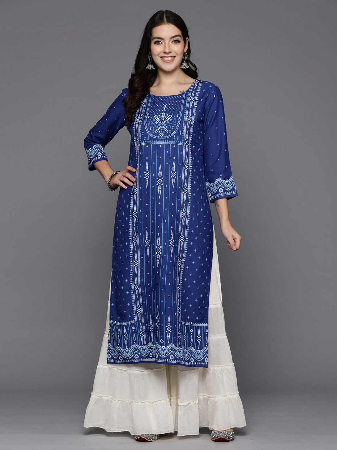 Women's Blue Printed Straight Kurtas  - Indo Era