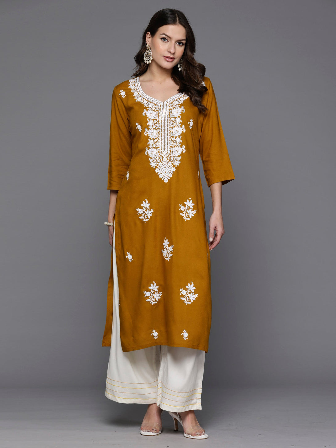 Women's Mustard Embroidered Straight Kurtas - Indo Era