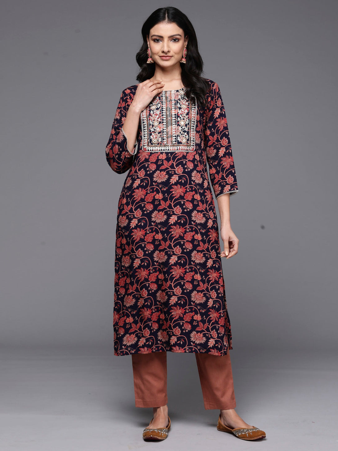 Women's Navy Blue Printed Straight Kurtas  - Indo Era