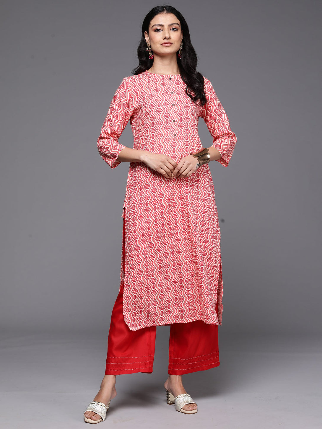 Women's Peach Printed Straight Kurtas  - Indo Era