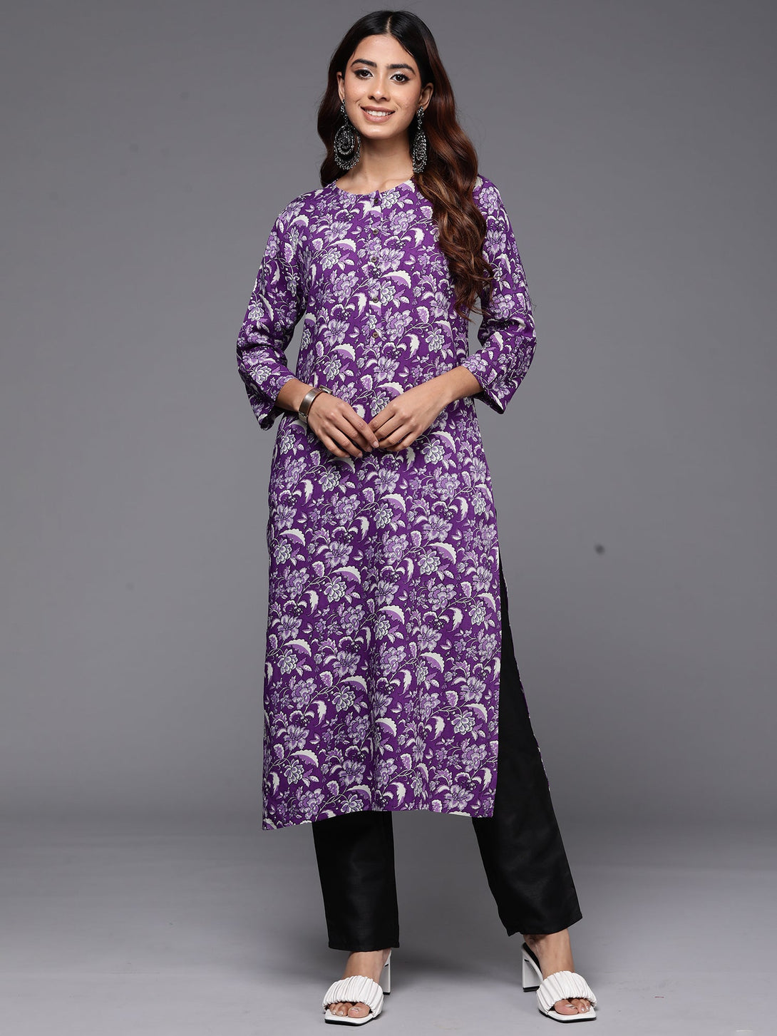 Women's Purple Printed Straight Kurtas  - Indo Era