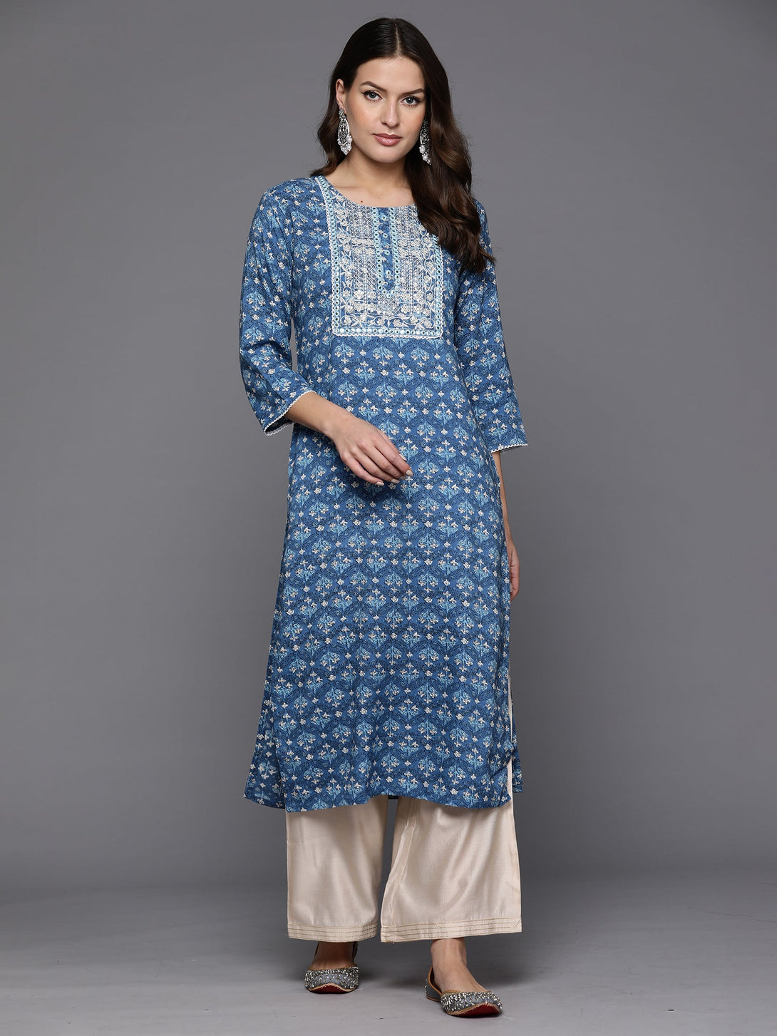 Women's Blue Printed Straight Kurtas  - Indo Era