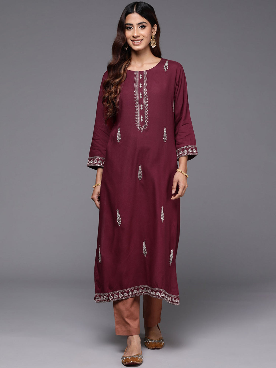 Women's Maroon Embroidered Straight Kurtas  - Indo Era