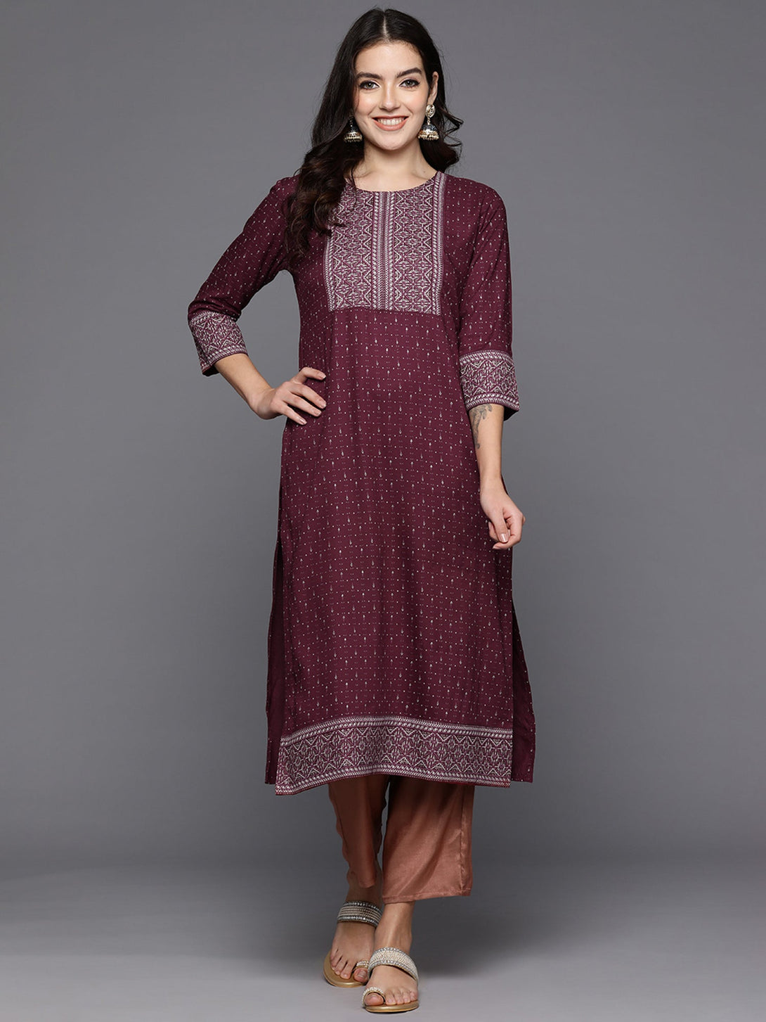 Women's Maroon Embellished Straight Kurtas  - Indo Era