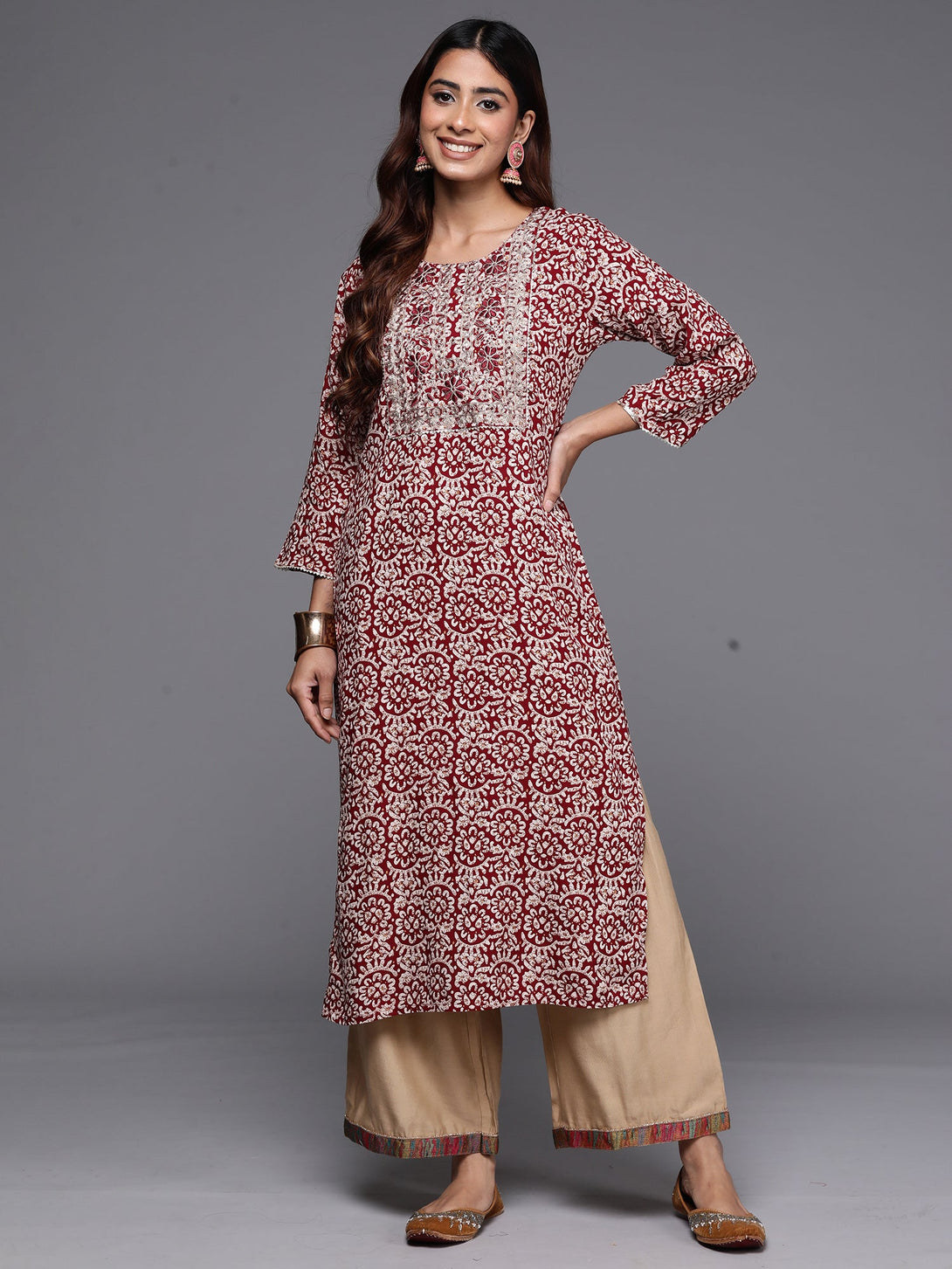 Women's Maroon Printed Straight Kurtas  - Indo Era