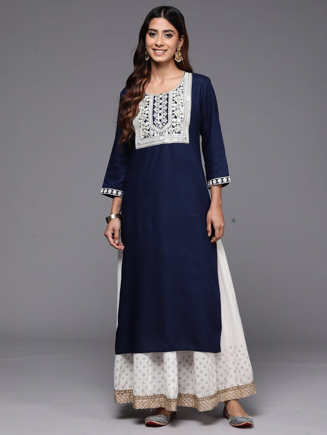 Women's Navy Blue Embroidered Straight Kurtas  - Indo Era