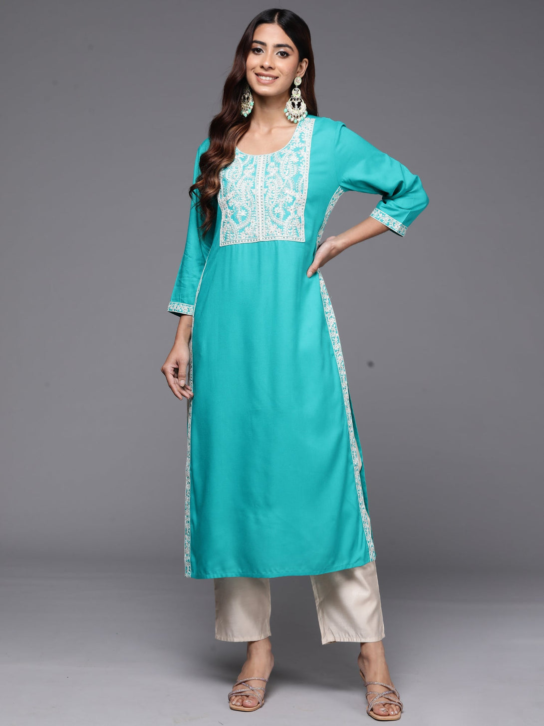 Women's Blue Embroidered Straight Kurtas  - Indo Era