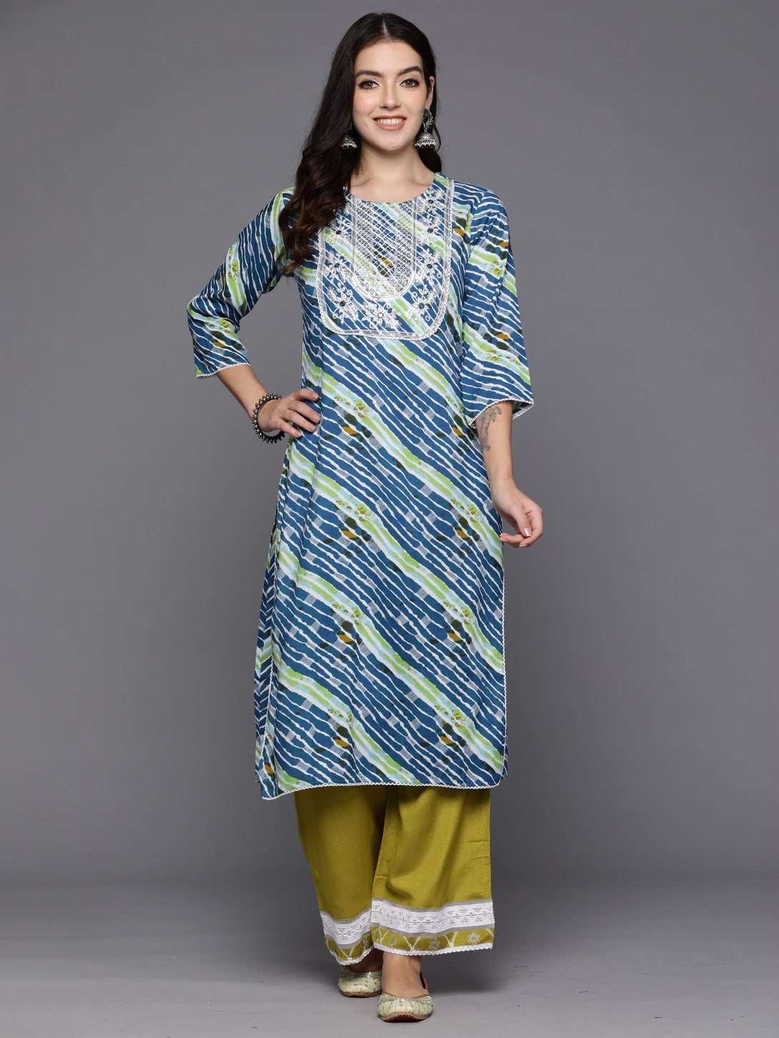 Women's Blue Printed Straight Kurtas  - Indo Era