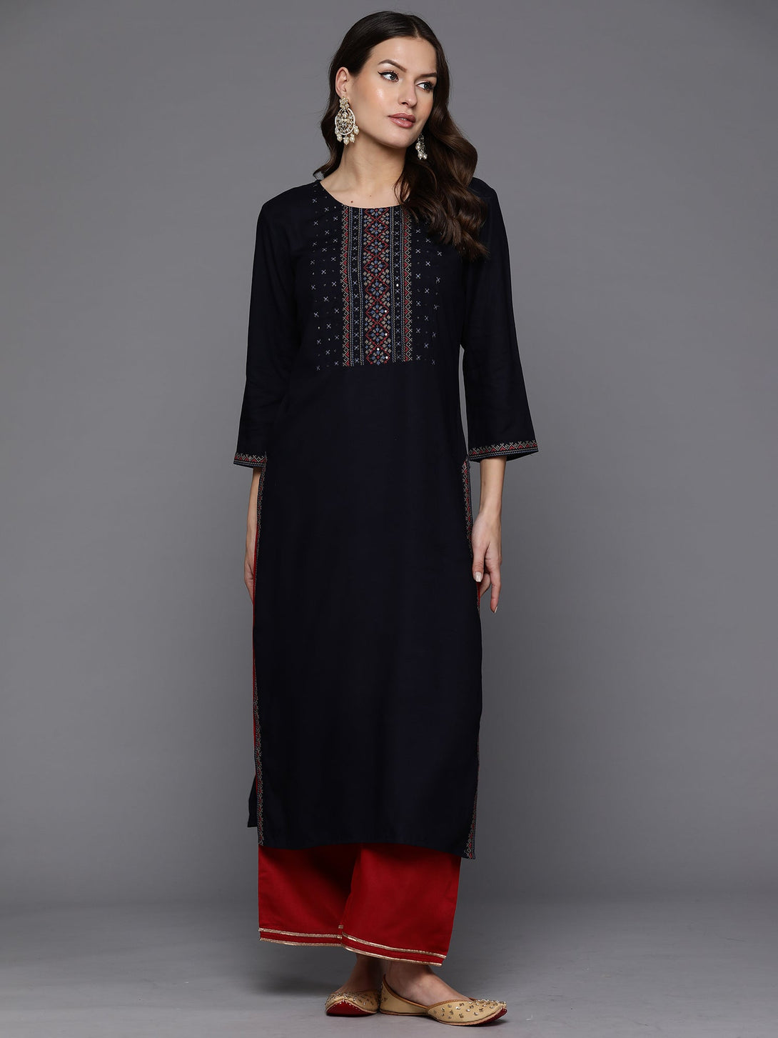 Women's Navy Blue Embroidered Straight Kurtas  - Indo Era