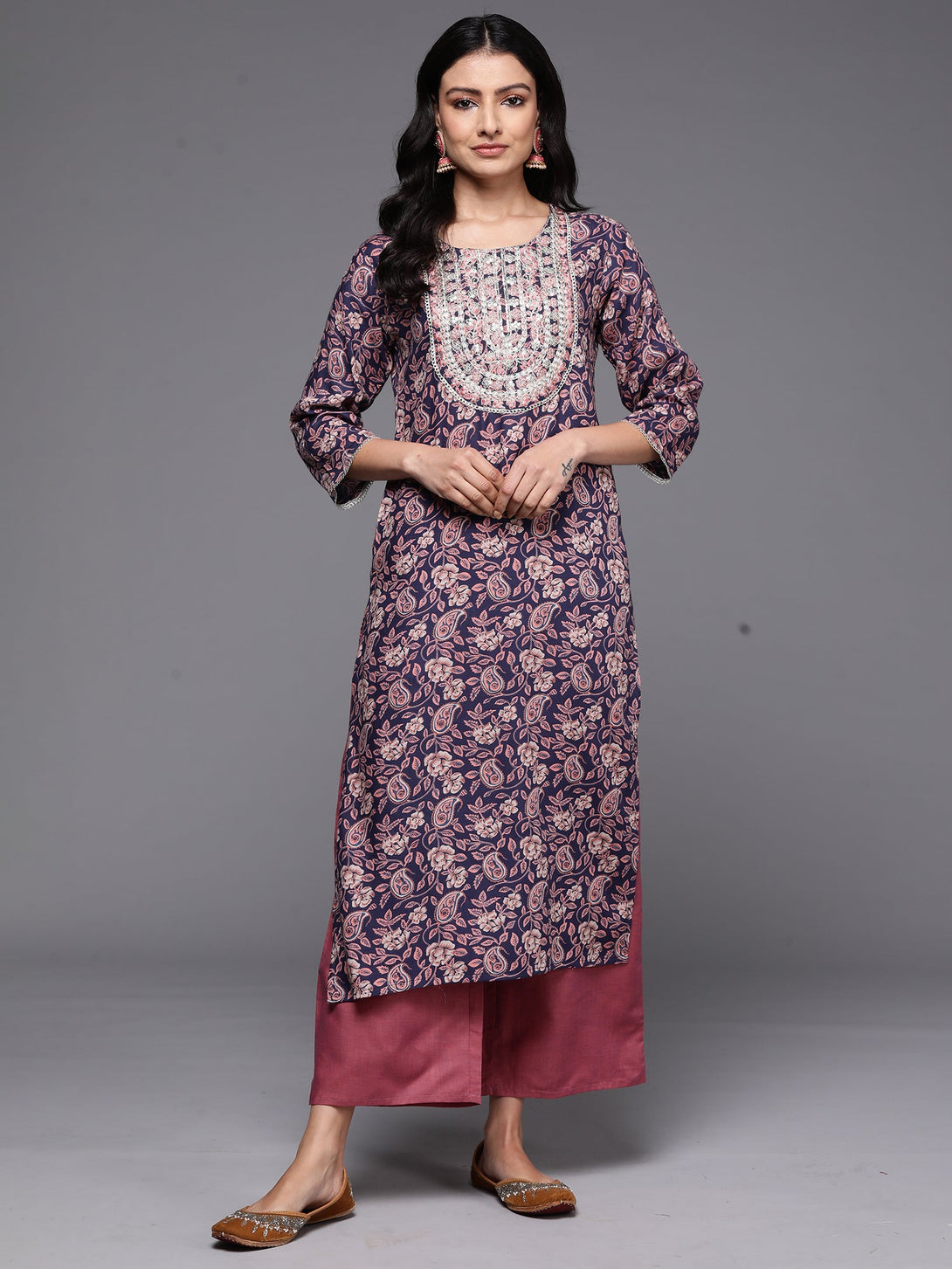 Women's Navy Blue Printed Straight Kurtas  - Indo Era