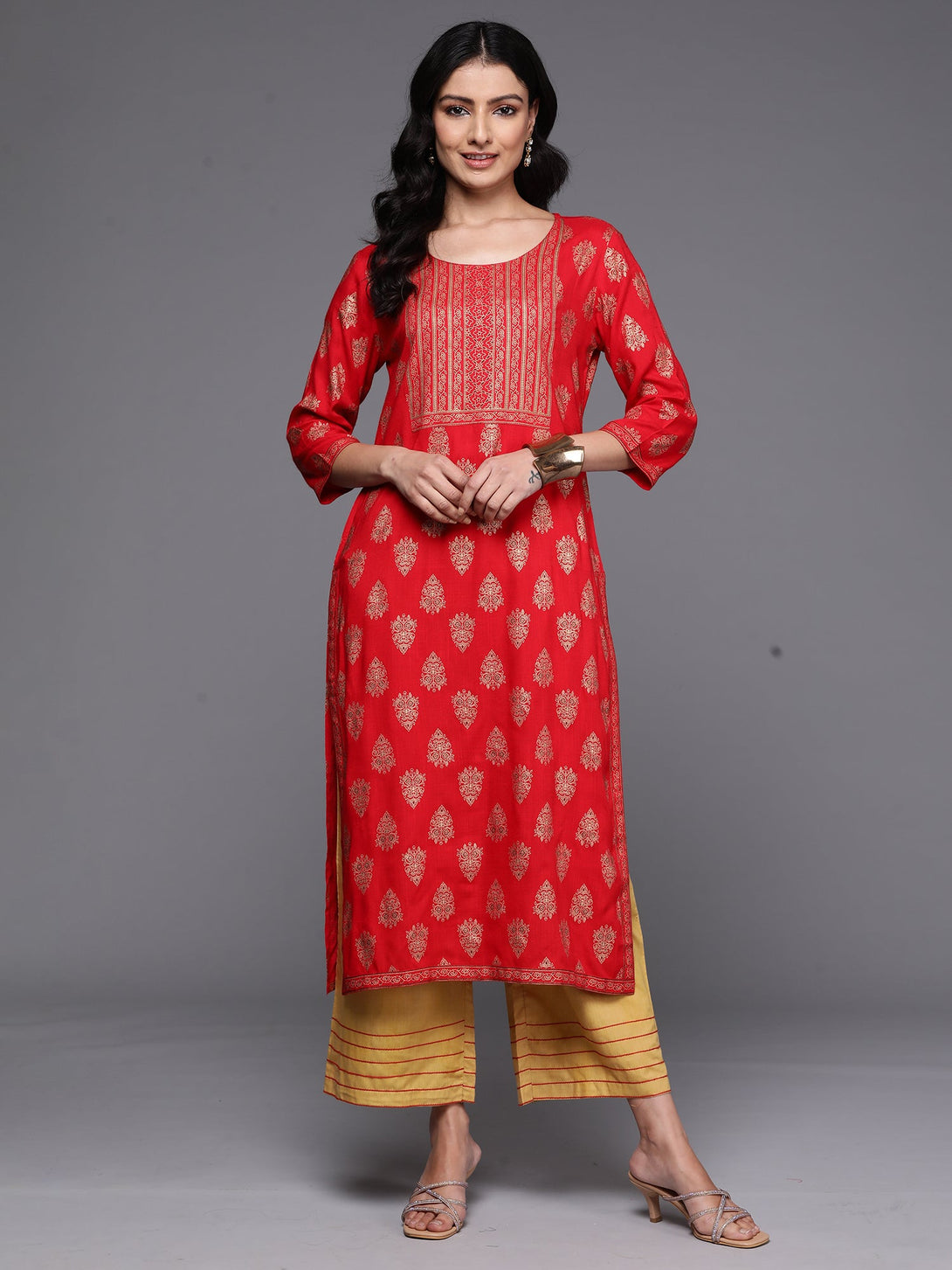 Women's Red Printed Straight Kurtas  - Indo Era