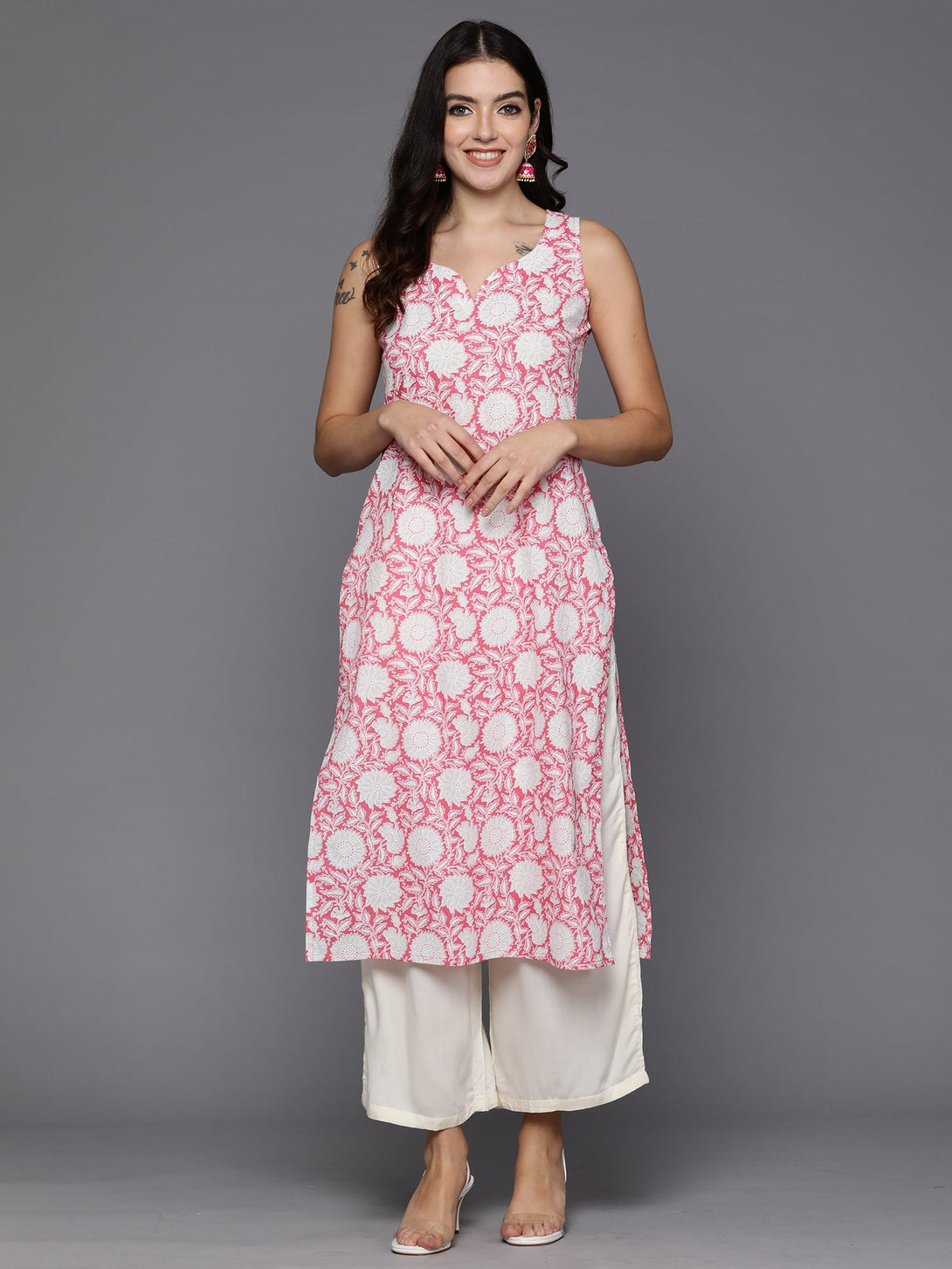 Women's Pink Printed Straight Kurtas  - Indo Era