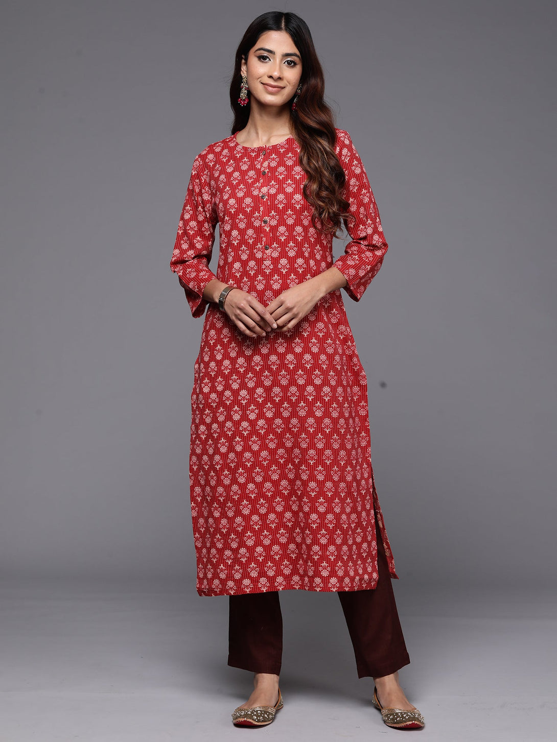 Women's Red Printed Straight Kurtas  - Indo Era