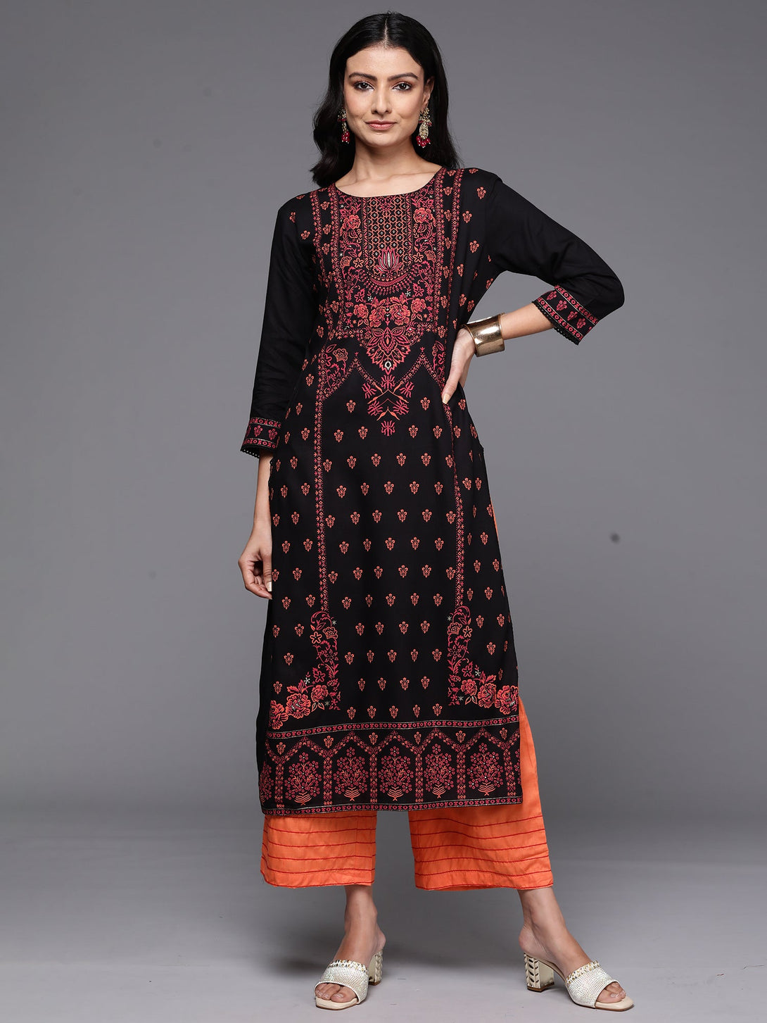 Women's Black Printed Straight Kurtas  - Indo Era