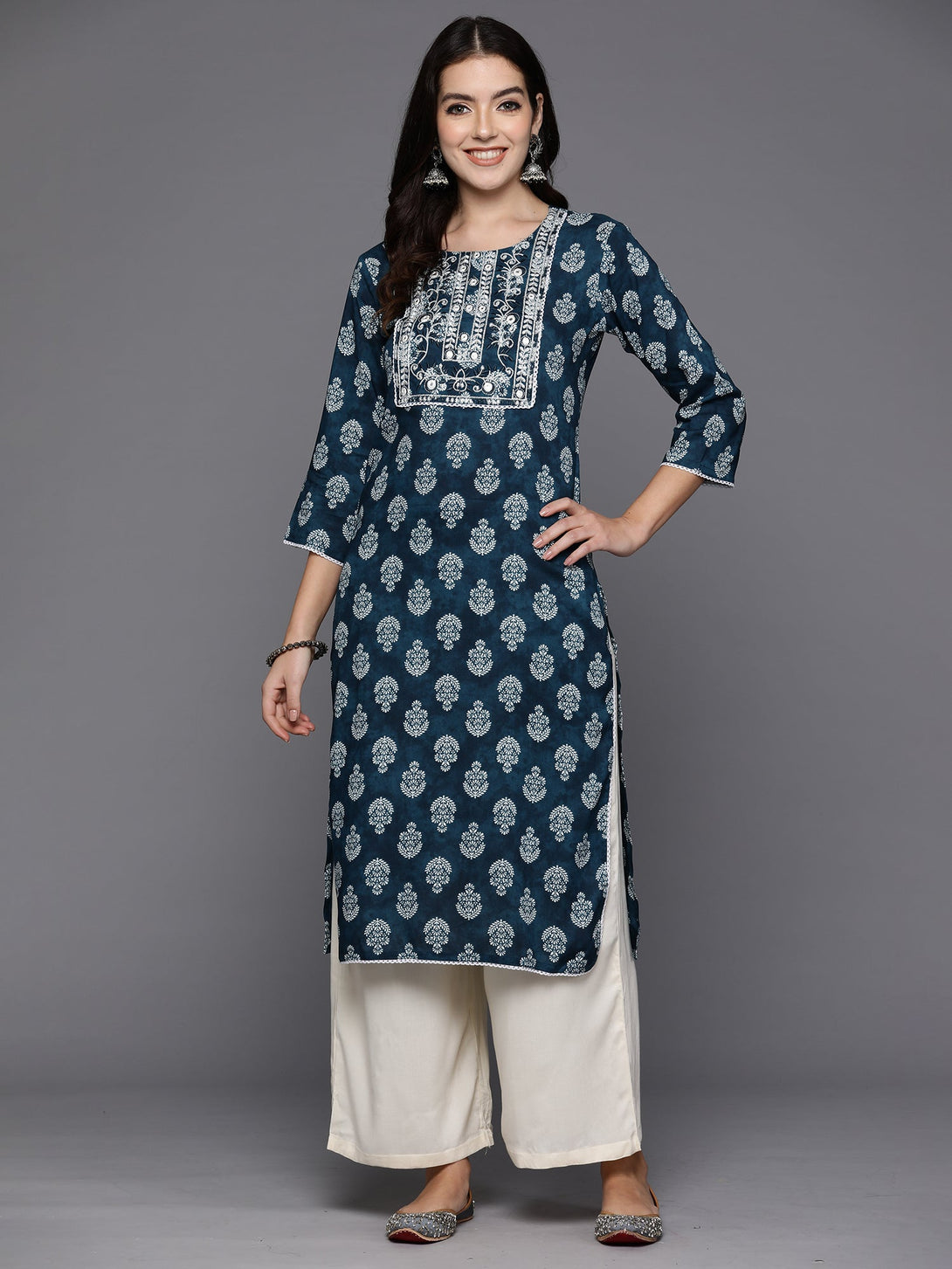 Women's Blue Printed Straight Kurtas  - Indo Era