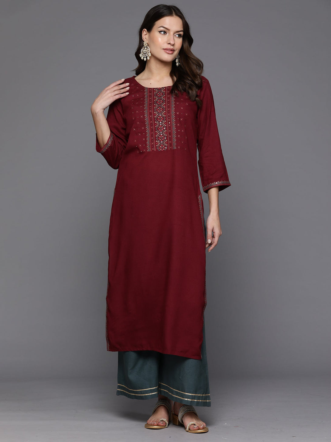 Women's Burgundy Embroidered Straight Kurtas  - Indo Era